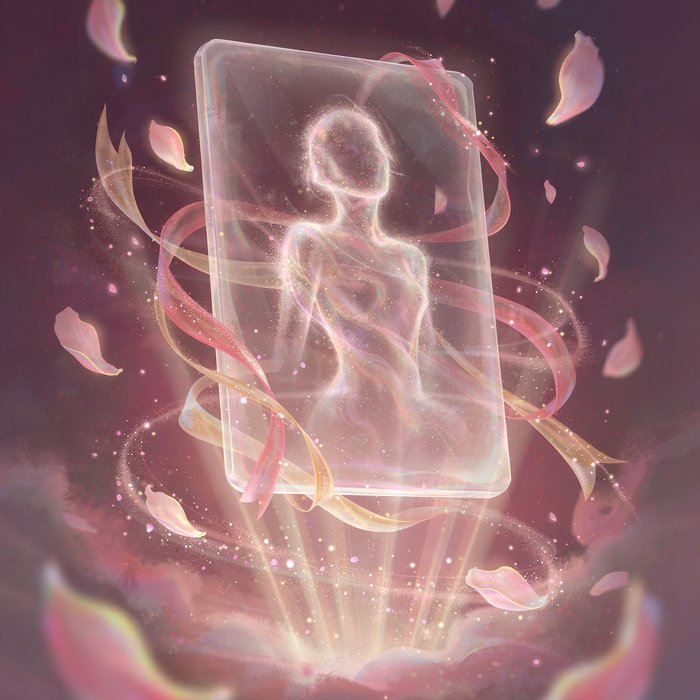 平行岛 ai 唯美插画：发光的专属人设卡悬浮在星尘与丝带之间